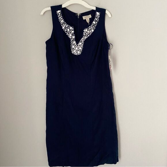 Charter Club Women’s Beaded Slit V Neck Blue Linen Mini Slip Dress size 2P - Picture 1 of 3